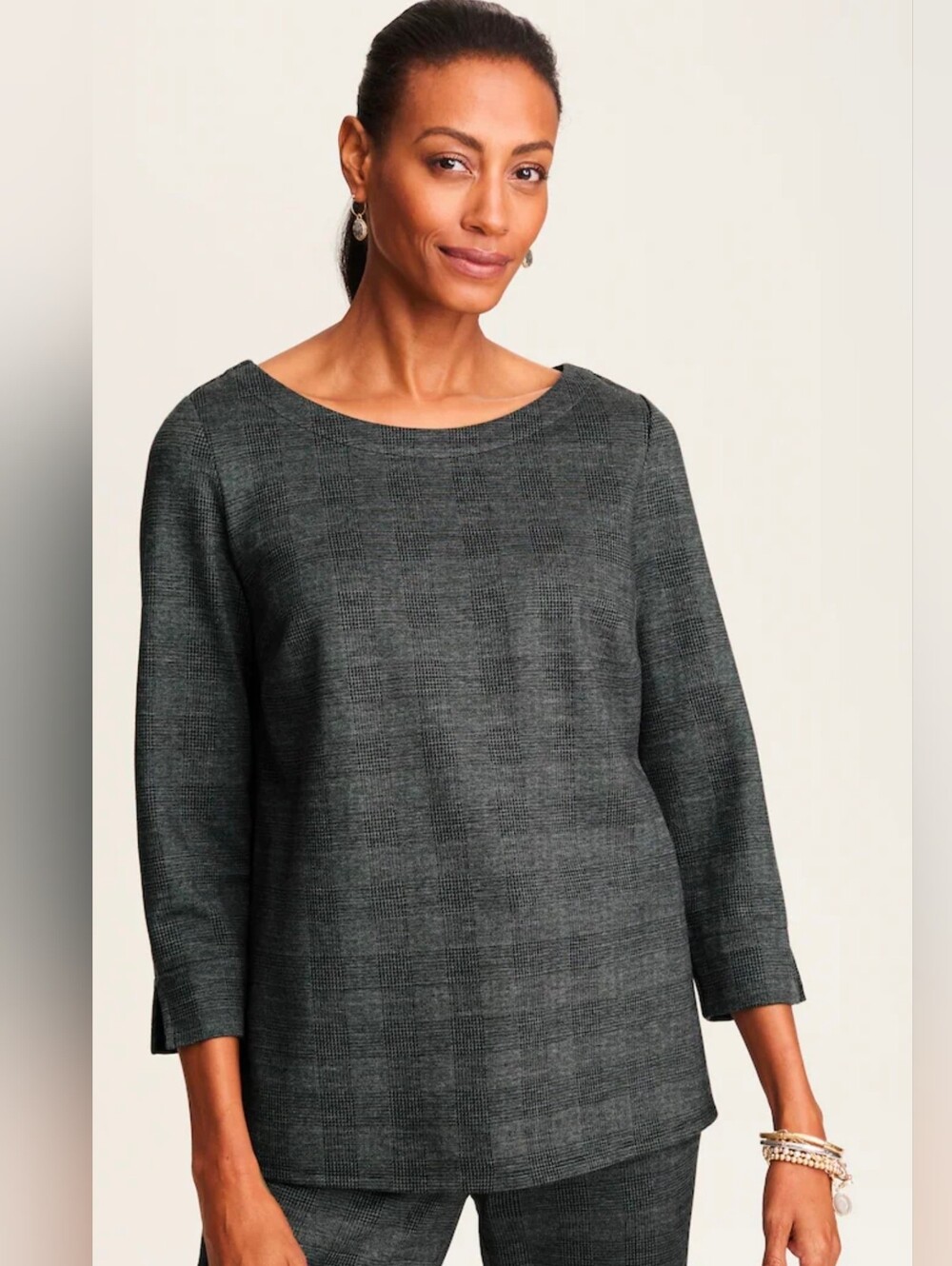 NWT J. Jill Wearever Jacquard Top Gray Plaid Long-Sleeve Boatneck